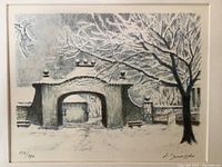 Close-up of the limited edition print showing the scene with stone archway, benches, snow, and trees.