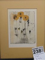 Close-up of the watercolor painting showing three yellow flowers with stems and textured background.