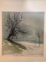 Close-up of woodblock print showing large tree and distant buildings by water with muted colors.