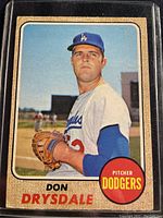 Front of 1968 O-Pee-Chee Don Drysdale baseball card showing player photo and team information.