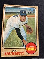 Front of 1968 O-Pee-Chee Mel Stottlemyre baseball card showing pitching pose, Yankees uniform, and player info.