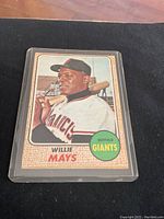 Front of 1968 O-Pee-Chee Willie Mays baseball card showing player image in uniform with bat and team designation in circles.