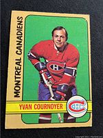 Front side of 1972-73 O-Pee-Chee hockey card showing Yvan Cournoyer in Montreal Canadiens uniform with green background
