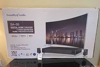 Box of Soundbyte Audio SA-55 7.1 Digital Home Theater System showing product details and features.