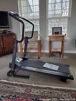 Side view of the treadmill showing the full length and handrail structure in a living room setting with rug and furniture around.