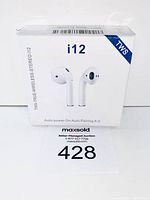 Front view of i12 wireless earbuds box showing product image and key features like TWS and Bluetooth 5.0.