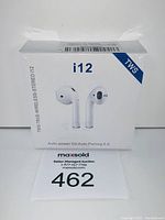 Front view of retail box showing i12 branding and image of the two white wireless earbuds.