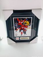 Full view of framed photo showing Jonathan Toews celebrating on ice in Team Canada uniform with a small Canadian flag pin and plaque underneath.