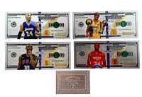 Front side of the 4 silver banknotes showing different Kobe Bryant images with Lakers and USA jerseys, all with metallic and holographic detailing. Included certificate card below.