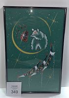 Framed original artwork of a stylized white bear with bear paw print and feather motifs on a green background with gold highlights.