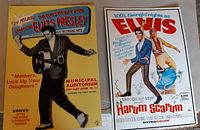 Yellow promotional poster showing Elvis Presley playing guitar advertising Municipal Auditorium performance with text 'Mothers, Lock Up Your Daughters'.