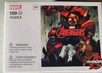 Front of sealed Marvel Avengers 100-piece puzzle box with artwork of a red mech suit.