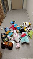 Overview of all 13 assorted stuffed animals arranged on floor