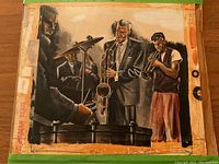 Front view of painting showing four jazz musicians performing