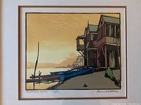 Full-view of framed woodblock print in mat