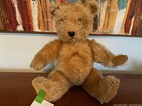 Front view of larger mohair teddy bear sitting with arms outstretched, showing light brown fur and facial features.