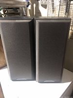 Front view of the two Sony stereo speakers with black fabric covers.