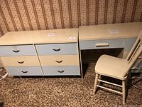 Photo showing retro kids dresser next to desk and chair, highlighting color and drawer details