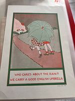Colorful vintage advertising card showing children under an umbrella with text 'Who Cares About The Rain? We Carry A Good English Umbrella'