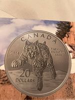 Obverse of 2014 Canadian $20 silver coin showing bobcat engraving and inscriptions about silver purity and denomination.