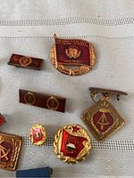 Overview of 11 communist-era military pins and medals showing GDR and Hungarian badges in red, gold and silver tones.