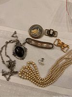 Photo showing all jewelry items arranged on a cloth including necklaces, brooches, pins, and a single clip-on earring.
