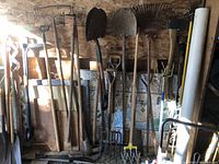 Full view of assorted garden tools including shovels, rakes, pitchfork, axes, and cultivator with wooden and metal handles against a wood wall.