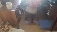 File cabinet and printer stand among other office furniture and items in a room.