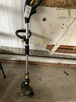 Full view of green and yellow Yardworks electric lawn edger showing handle, shaft, and edger head.