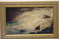 Frontal view of the oil painting showing a reclining nude woman by water, with an ornate gold frame.