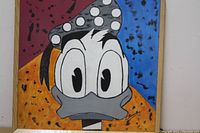 Front view of the Donald Duck gouache painting showing the colorful abstract background and the character's face.