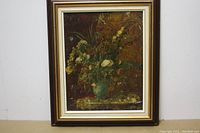 Full view of framed still life flower painting showing the entire composition and frame.