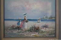 Frontal view of the entire signed oil on canvas painting showing women on a beach near a lighthouse.