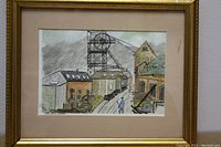 Framed watercolor painting showing industrial buildings, a mine shaft tower, railroad tracks, and a person walking.