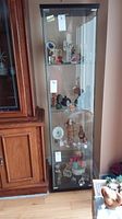 Front view of tall glass display cabinet with metal frame and door. Interior shelves hold various figurines (not included).