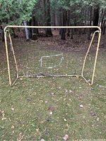 Front view of large sports net standing on grass with forest background. Yellow metal frame with black netting recessed inside frame.