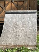 Front view of wooden skateboard ramp surface with wood grain and coped top edge