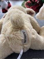 Close-up photo of the cream stuffed bunny's tail showing the "Floppity Bunnies" fabric tag.