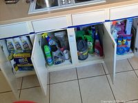 Kitchen cabinets open revealing various cleaning supplies including bottles and spray cans organized inside