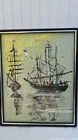 Frontal photo of the entire painting showing two clipper ships with detailed rigging, a flying seagull, and water reflections. The painting is framed and approximately 16x20 inches.