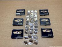 Several limited edition NASCAR pin sets on display in their black WinCraft Racing cases with clear fronts, arranged alongside individual pins still in plastic bags.