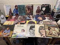 Front view of 19 vinyl record albums arranged on a table showing cover art and artist images