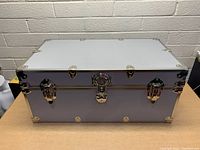 Front and top view of silver Rhino trunk with metal corners and chrome latches.