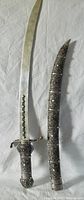 Curved steel Kilij sword and decorated scabbard laid flat, showing sword blade and embellished hilt.