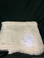Folded white cotton blanket showing texture and fringed edge detail.