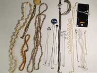 All 15 assorted necklaces laid flat showing range of styles and materials including beads, fabric cords, metal chains, and the gold-tone chain.
