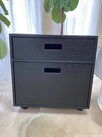 Front view of two drawer file cabinet covered in black crocodile patterned leather with rectangular cut-out handles.