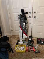 Golf bag with golf clubs, gloves, golf balls, tees, spikes, and markers all displayed on carpet floor in front of closed double doors.
