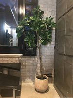 Full view of the large faux tree in an indoor setting in the black plastic pot with the terracotta pot nearby.