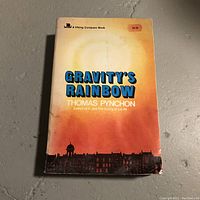 Front cover of the paperback book Gravity's Rainbow showing title, author, and branding with visible wear and water damage.
